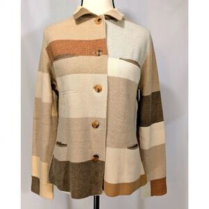 Neiman Marcus 100% Cashmere Colorblock Cardigan Sweater Jacket Beige Tan Small